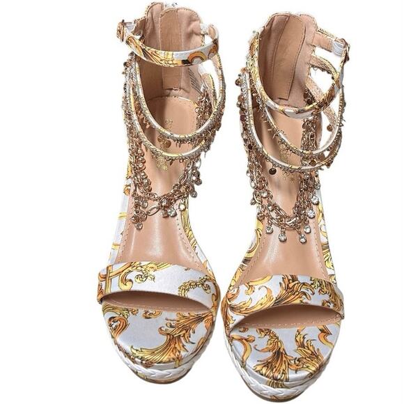 Gold and White Platform Wedge Shoe Dazzle Embellished Ankle Straps Size 8.5 - Picture 3 of 10